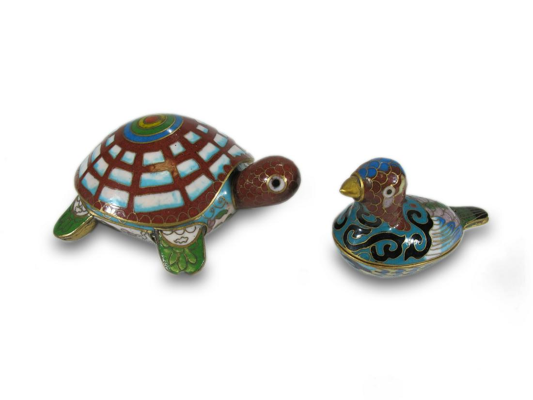 Set of 2 cloisonne turtle & bird statues: Set of 3 cloisonne turtle, duck & bird statues. Turtle: 1 1/2 H x 3 3/8 W x 2 7/8 D. Bird: 1 5/8 H x 2 1/2 W x 1 1/4 D. ANY INVOICE OVER $ 2,000.00 WE WILL ACCEPT PAYMENTS ONLY THROUGH CHECK OR BANK W