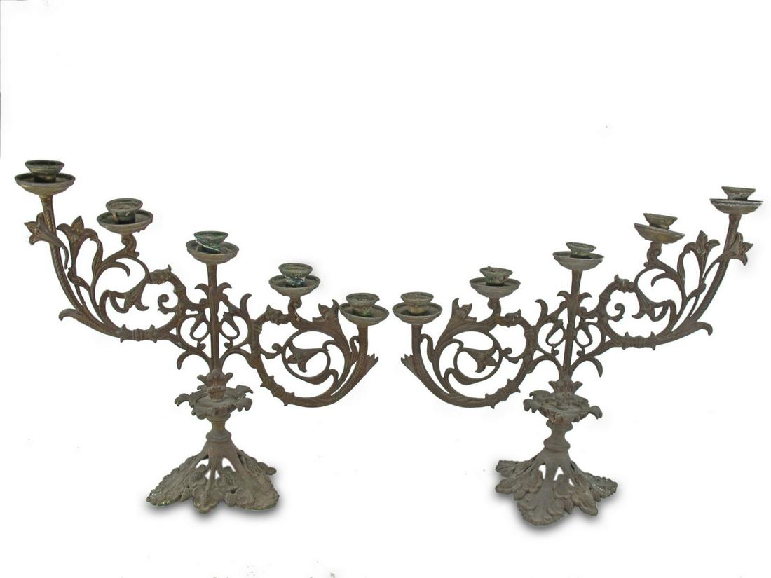 Antique French pair of bronze candelabras: Antique French pair of bronze candelabras. 15 1/8” H x 15 1/2” W x 6” D. ANY INVOICE OVER $ 2,000.00 WE WILL ACCEPT PAYMENTS ONLY THROUGH CHECK OR BANK WIRE TRANSFER, SAME FOR INTERN