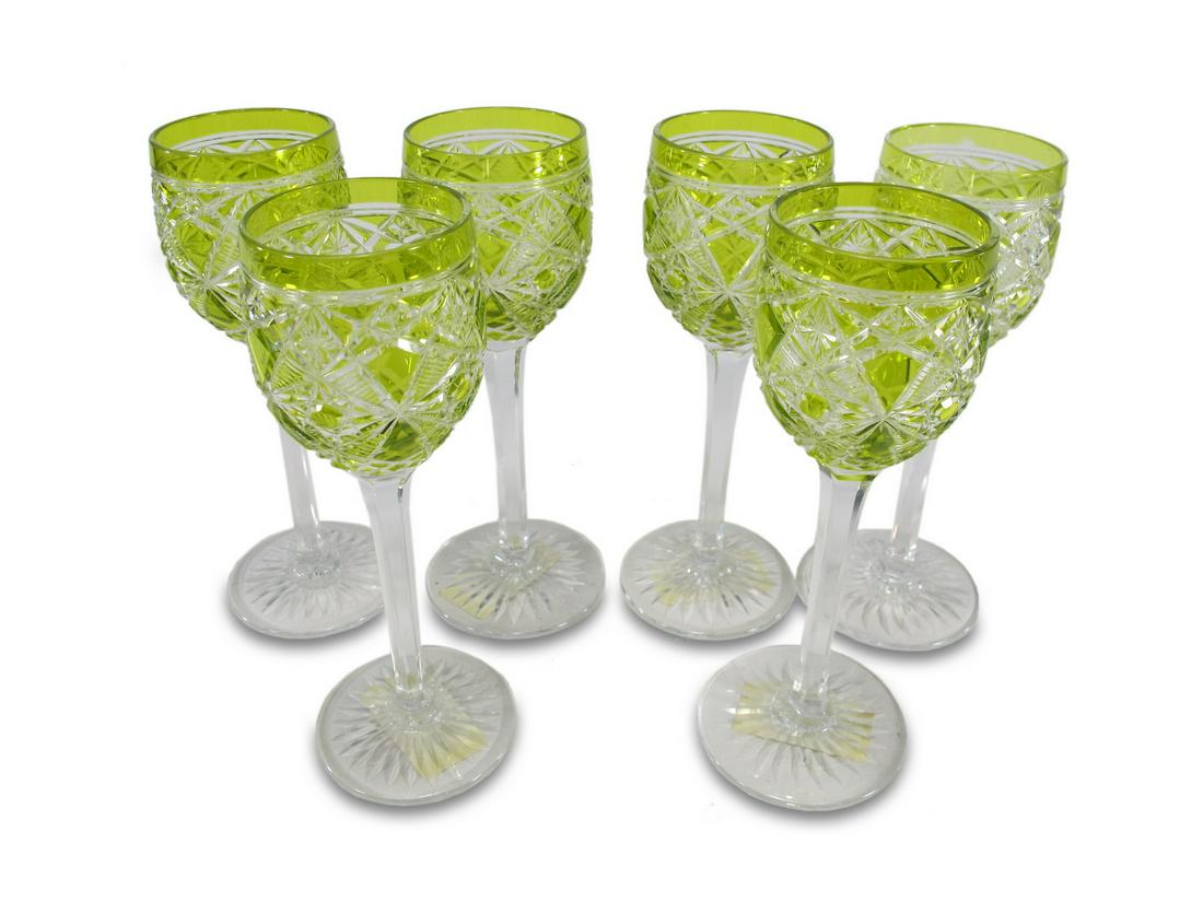Vintage set of 6 green cut to clear glasses: Vintage set of 6 green cut to clear glasses. 5 7/8” H x 2 1/4” W. ANY INVOICE OVER $ 2,000.00 WE WILL ACCEPT PAYMENTS ONLY THROUGH CHECK OR BANK WIRE TRANSFER, SAME FOR INTERNATIONAL BUYER
