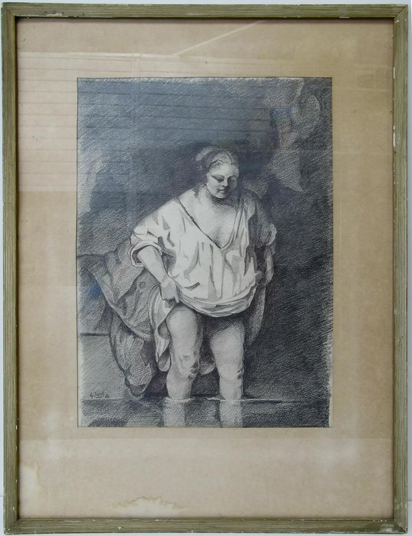 Vintage pencil woman drawing, signed (1 of 4)