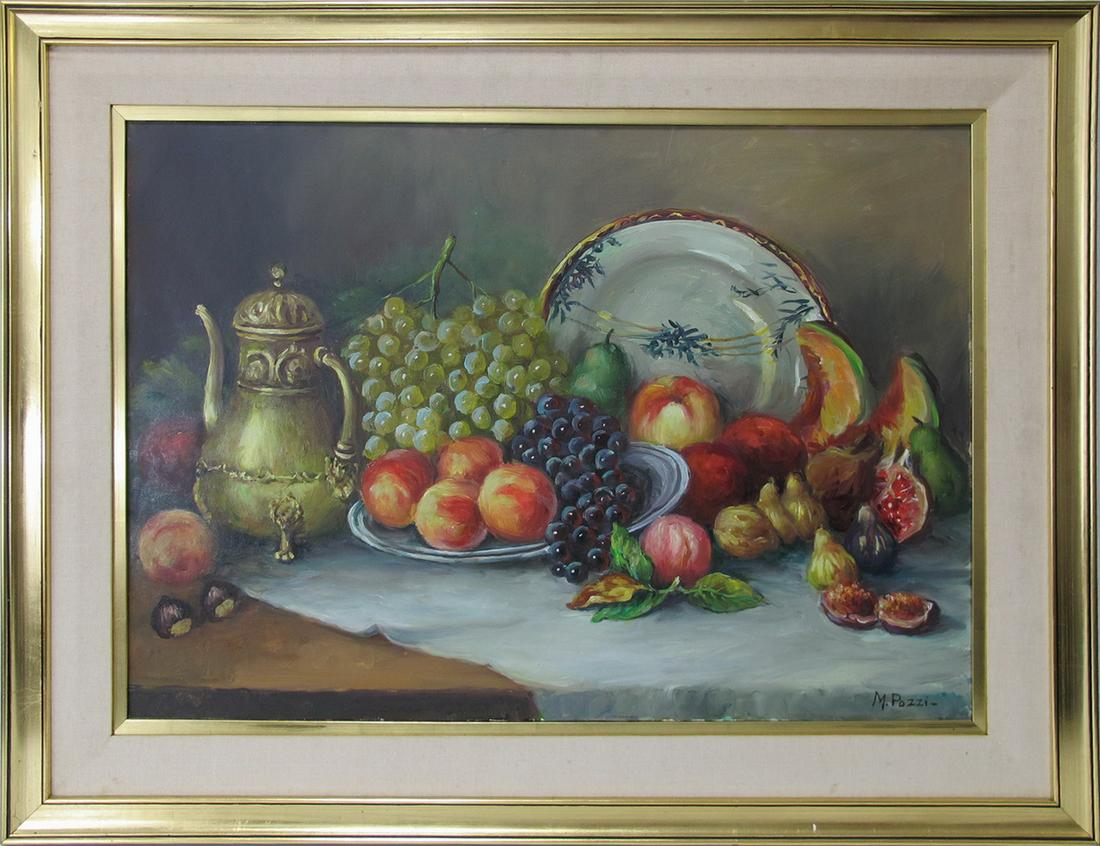 Signed M. Pozzi Still Life oil on canvas painting: Signed M. Pozzi Still Life oil on canvas painting. 26 3/4” H x 34 1/2” W including frame. 19 3/4” H x27 1/2” W without frame. ANY INVOICE OVER $ 2,000.00 WE WILL ACCEPT PAYMENT