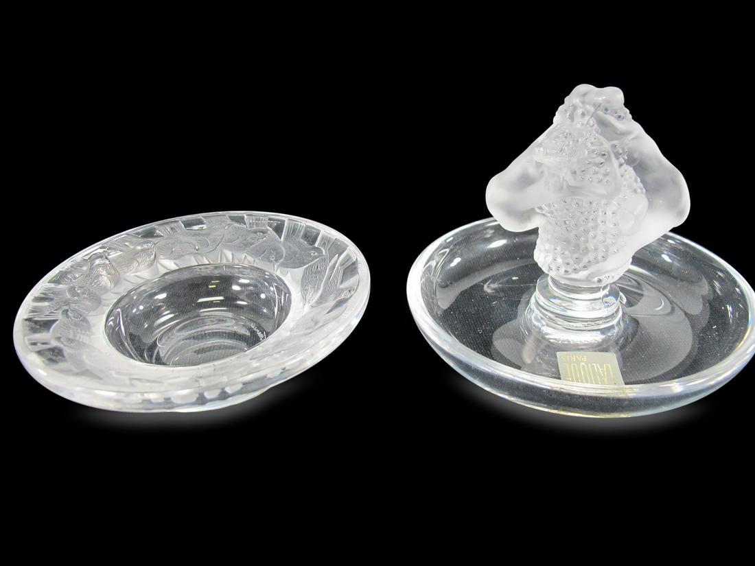 Lalique, Franze frosted glass ashtray & ring holder: Lalique, Franze frosted glass ashtray & ring holder. Ring Holder: 2 7/8” H x 3 7/8” W and Ashtray: 1 1/8” H x 3 5/8” W. ANY INVOICE OVER $ 2,000.00 WE WILL ACCEPT PAYMENTS ONLY