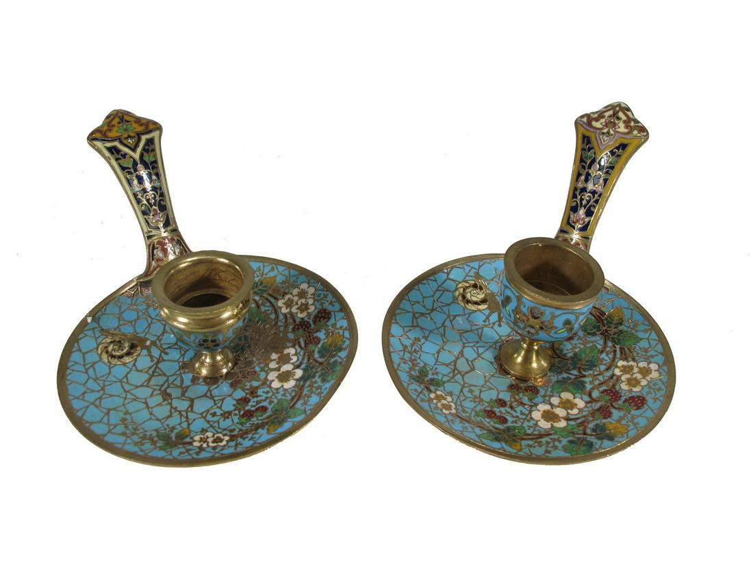 Antique French pair of bronze champleve candlesticks (1 of 7)