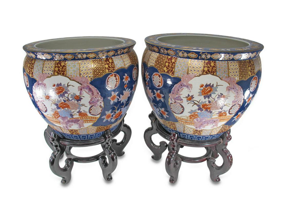 Chinese large pair of porcelain vases with wood stands (1 of 7)