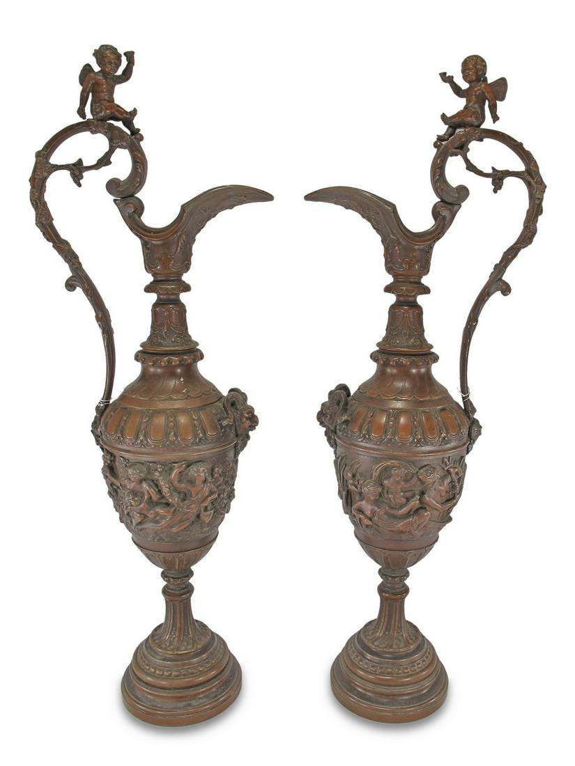 Antique French pair of patinated bronze pitchers (1 of 7)