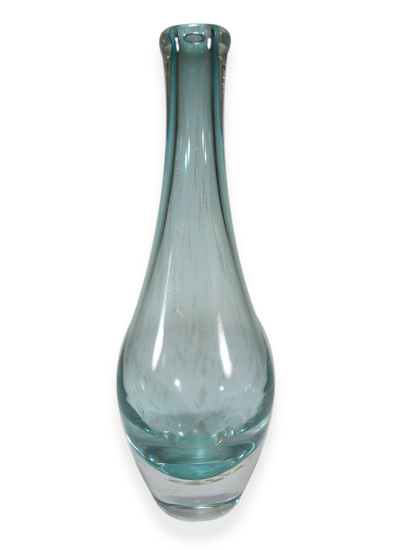 Mid Century Czech green glass vase: Mid Century Czech green glass vase. 13 3/4 H x 4 3/8 W. ANY INVOICE OVER $ 2,000.00 WE WILL ACCEPT PAYMENTS ONLY THROUGH CHECK OR BANK WIRE TRANSFER, SAME FOR INTERNATIONAL BUYERS. IF YOU PAY ONLINE W