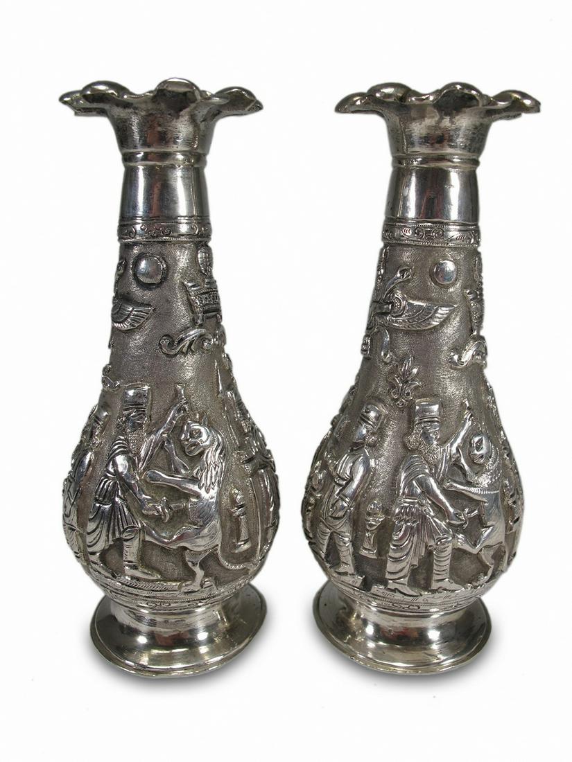 Antique Persian pair of silverplate vases: Antique Persian pair of silverplate vases. 5 7/8 H x 2 3/8 W. ANY INVOICE OVER $ 2,000.00 WE WILL ACCEPT PAYMENTS ONLY THROUGH CHECK OR BANK WIRE TRANSFER, SAME FOR INTERNATIONAL BUYERS. IF YOU PAY ON