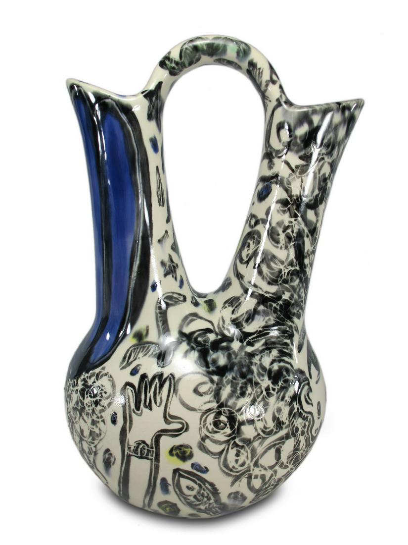 Rare double hole pottery vase, signed (1 of 6)