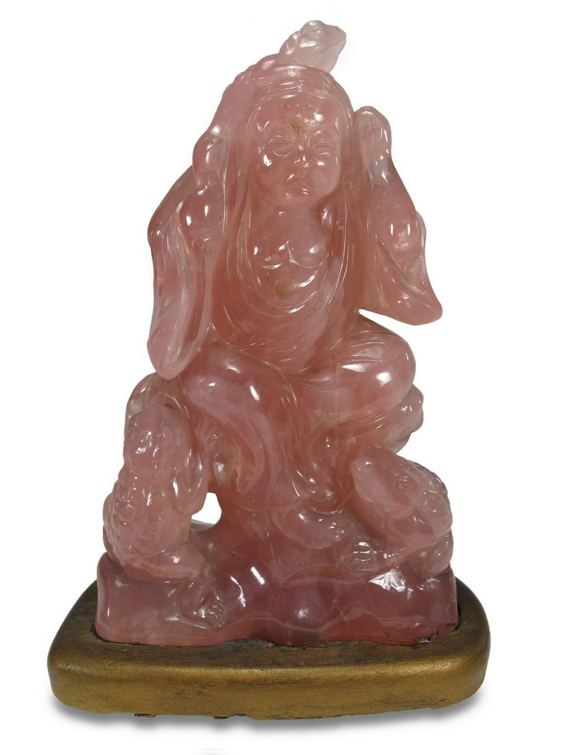 Antique Chinese pink quartz fig with a wood base (1 of 7)