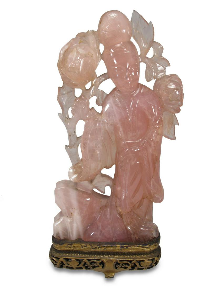 Antique Chinese pink quartz fig with a wood base (1 of 5)