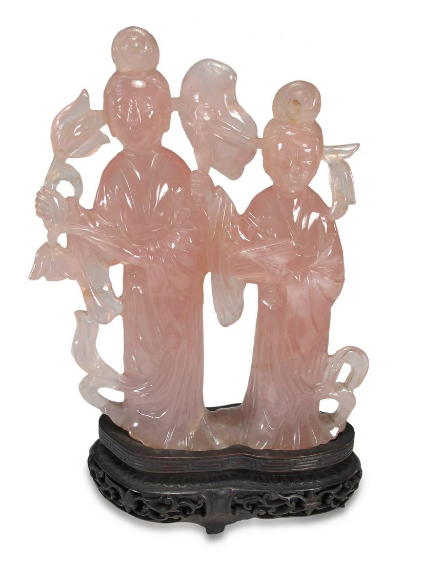 Antique Chinese pink quartz fig with a wood base (1 of 3)