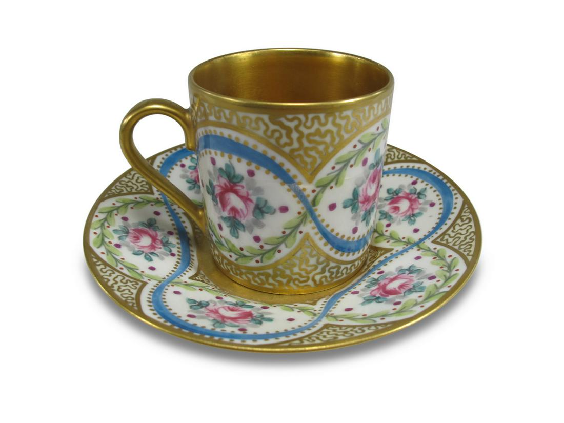 Antique Limoges, France porcelain cup: Antique Limoges, France porcelain cup. Cup: 2 1/8 H x 2 3/4 W x 2 D. Plate: 4 3/8 W. ANY INVOICE OVER $ 2,000.00 WE WILL ACCEPT PAYMENTS ONLY THROUGH CHECK OR BANK WIRE TRANSFER, SAME FOR INTERNATIONA