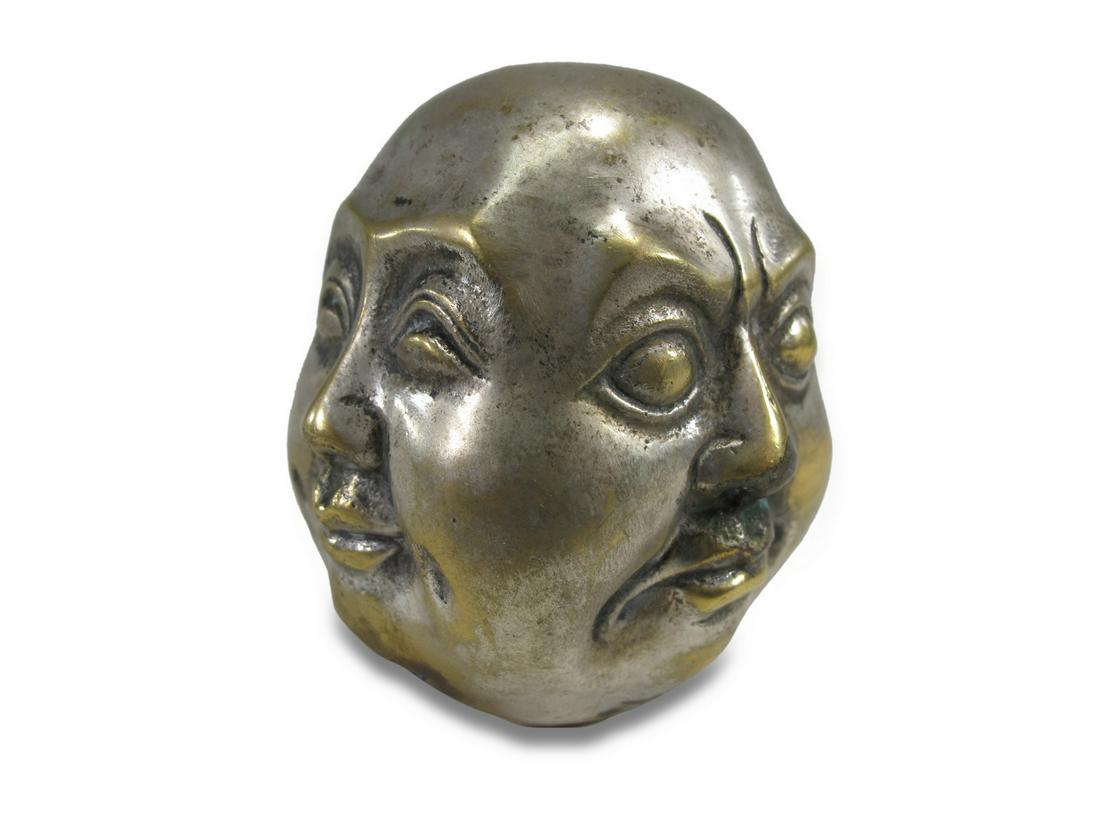 Antique Chinese Faces silverplate bronze sculpture (1 of 4)