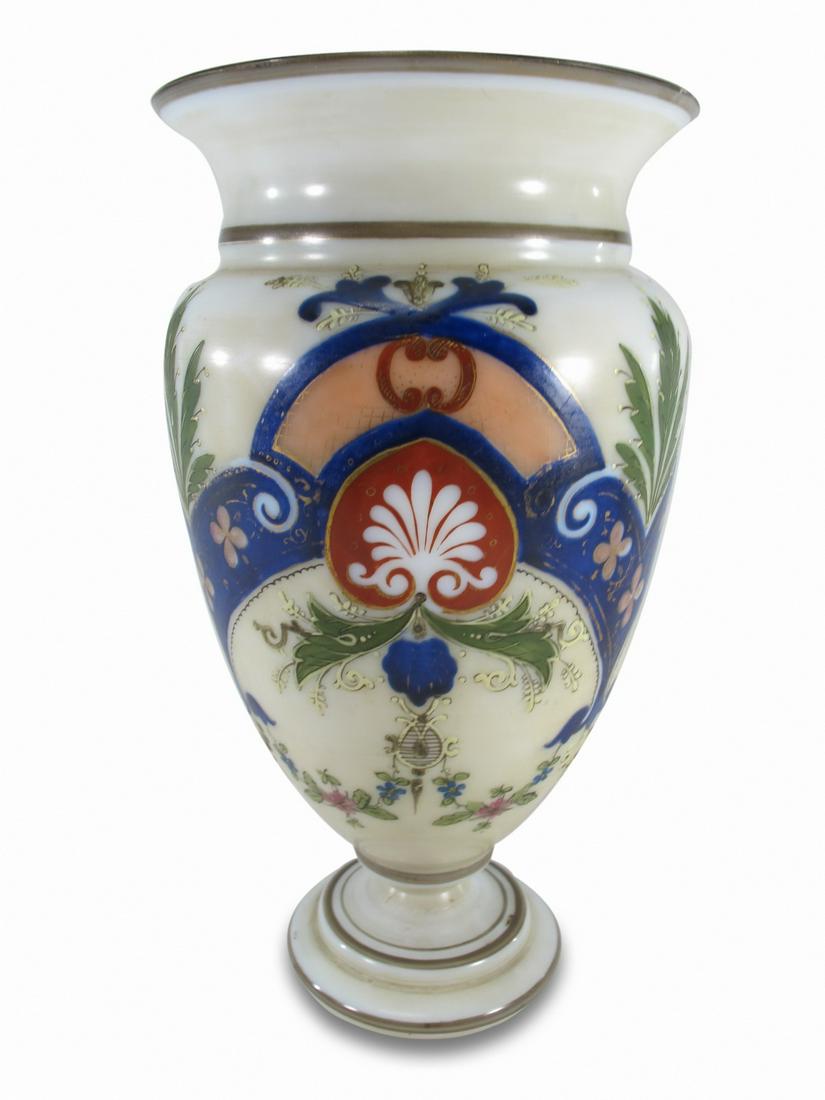 Antique European opaline glass vase: Antique European opaline glass vase. 10 5/8 H x 6 W. ANY INVOICE OVER $ 2,000.00 WE WILL ACCEPT PAYMENTS ONLY THROUGH CHECK OR BANK WIRE TRANSFER, SAME FOR INTERNATIONAL BUYERS. IF YOU PAY ONLINE WE W