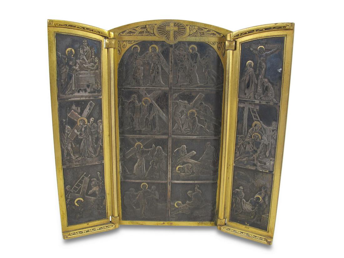 Antique bronze triptych engraved by B. Wicker: Antique bronze triptych engraved by B. Wicker. 4 3/8 H x 4 1/4 W opened. ANY INVOICE OVER $ 2,000.00 WE WILL ACCEPT PAYMENTS ONLY THROUGH CHECK OR BANK WIRE TRANSFER, SAME FOR INTERNATIONAL BUYERS. IF
