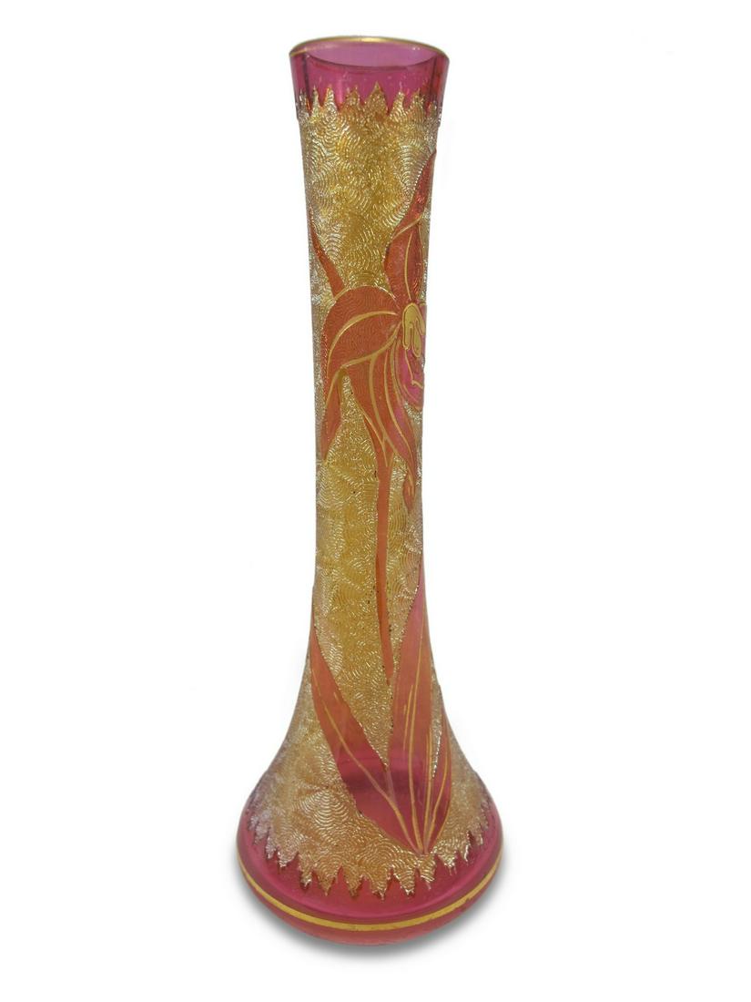 Probably Baccarat acid etched glass vase: Probably Baccarat acid etched glass vase. 6 H x 2 1/8 W. ANY INVOICE OVER $ 2,000.00 WE WILL ACCEPT PAYMENTS ONLY THROUGH CHECK OR BANK WIRE TRANSFER, SAME FOR INTERNATIONAL BUYERS. IF YOU PAY ONLINE 