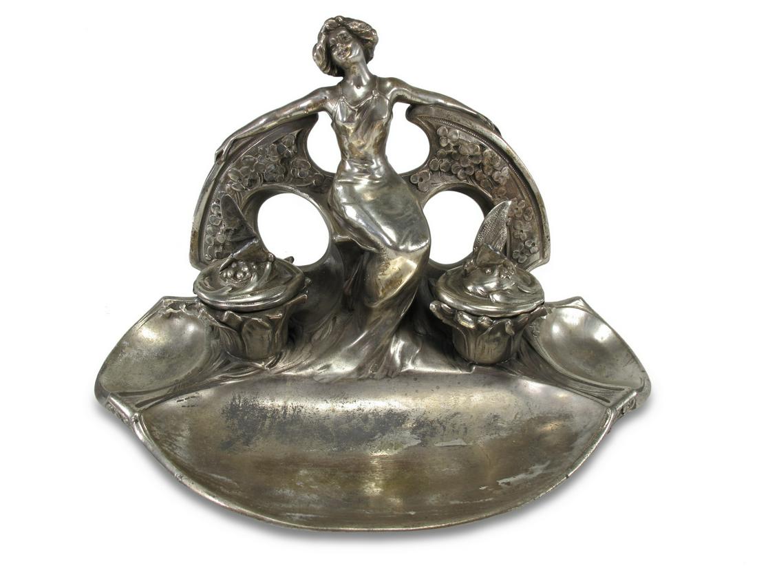 Art Nouveau silverplate signed inkwell: Art Nouveau silverplate signed inkwell. 6 1/4 H x 10 1/4 W x 6 5/8 D. ANY INVOICE OVER $ 2,000.00 WE WILL ACCEPT PAYMENTS ONLY THROUGH CHECK OR BANK WIRE TRANSFER, SAME FOR INTERNATIONAL BUYERS. IF YO