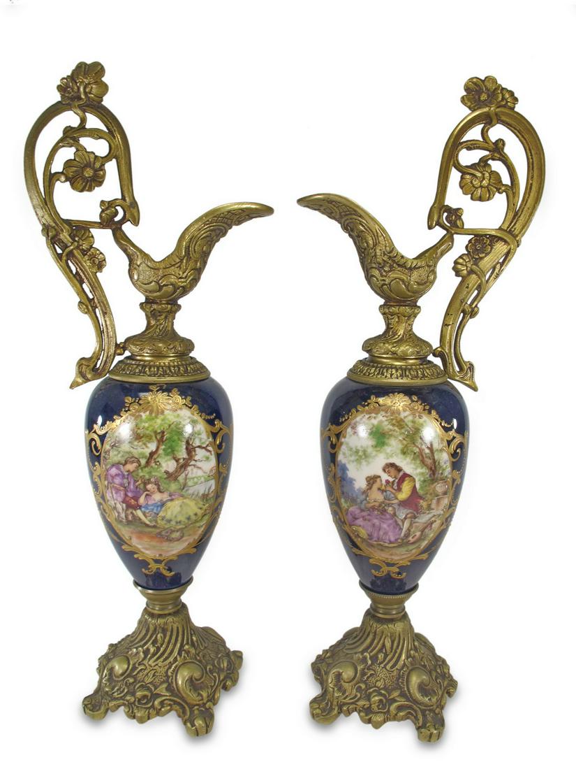 Antique French pair of porcealin & bronze pitchers (1 of 7)