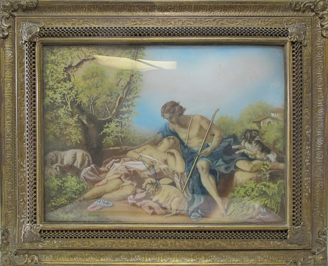Antique European painting on bakelite & bronze frame, signed (1 of 5)