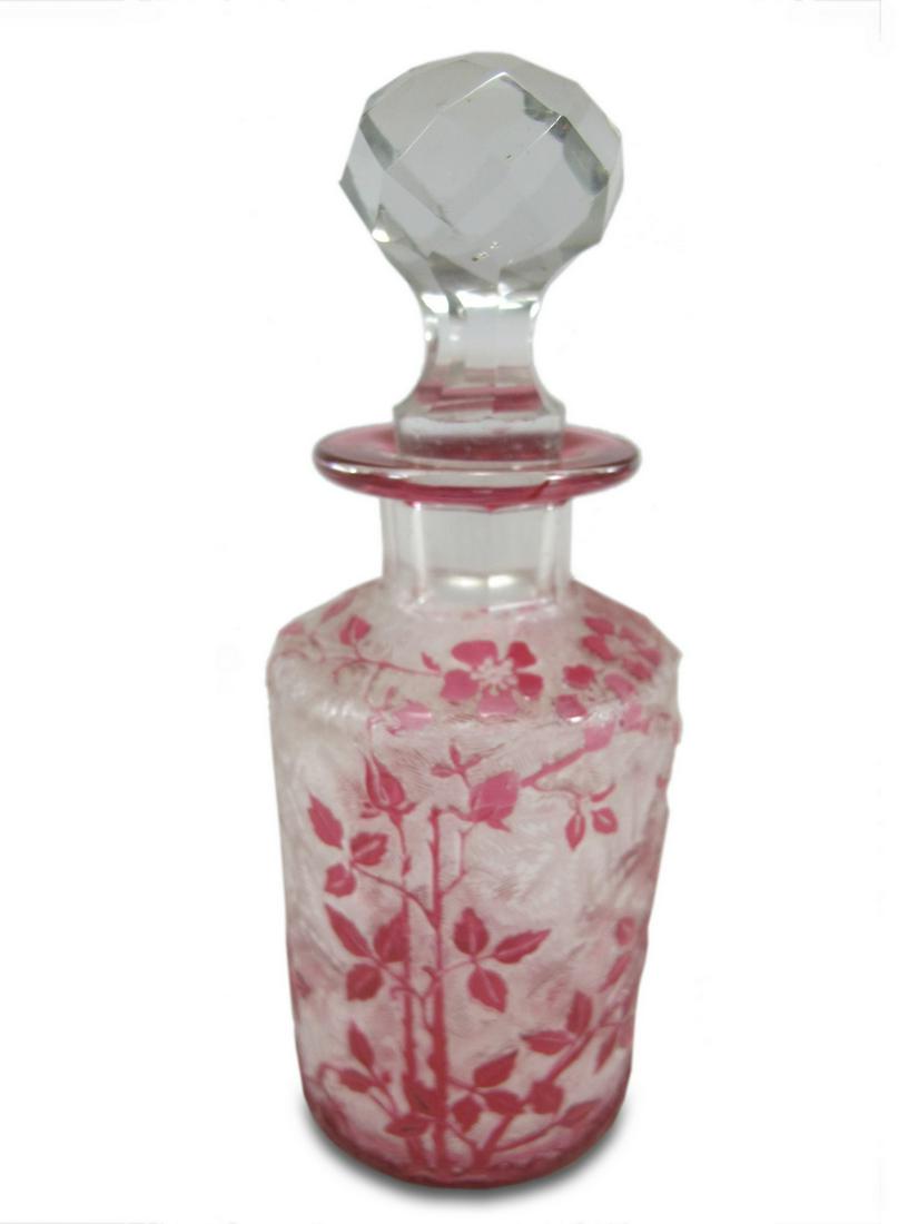 Old French acid etched glass perfurm bottle: Old French acid etched glass perfurm bottle. 5 3/4 H x 2 W. ANY INVOICE OVER $ 2,000.00 WE WILL ACCEPT PAYMENTS ONLY THROUGH CHECK OR BANK WIRE TRANSFER, SAME FOR INTERNATIONAL BUYERS. IF YOU PAY ONLI