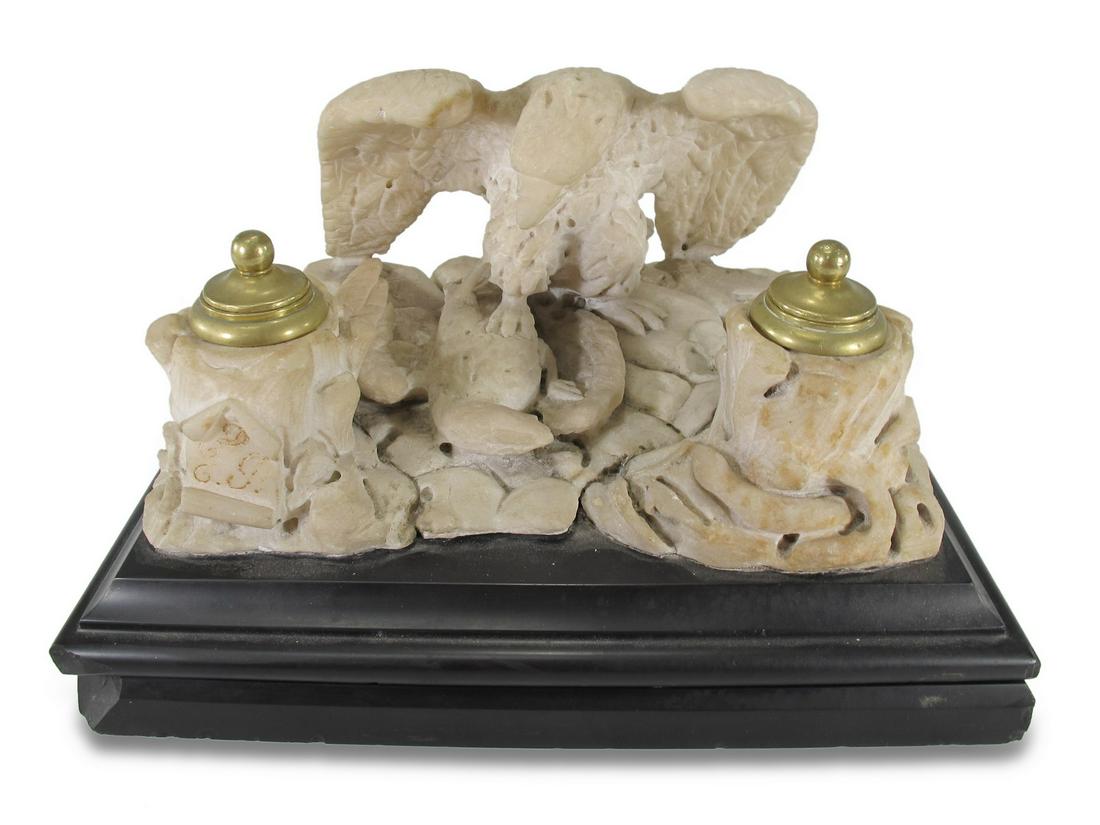 Antique Italian eagle marble inkwell, signed (1 of 9)