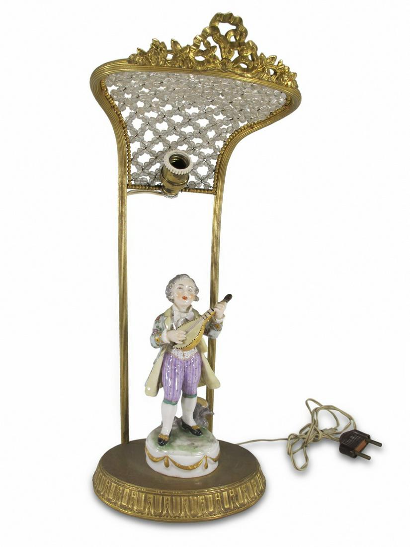 Antique French bronze, porcelain & glass lamp: Antique French bronze, porcelain & glass lamp. 12 1/2 H x 5 1/2 W x 5 3/8 D. ANY INVOICE OVER $ 2,000.00 WE WILL ACCEPT PAYMENTS ONLY THROUGH CHECK OR BANK WIRE TRANSFER, SAME FOR INTERNATIONAL BUYERS
