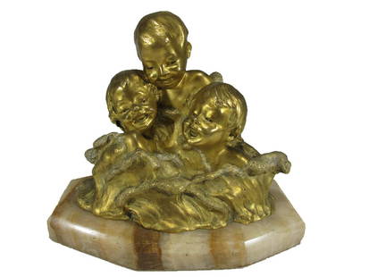 Charlotte MONGINOT (1872-?) gilt bronze sculpture: Charlotte MONGINOT (1872-?) gilt bronze sculpture with an onyx base. 7 1/8 H x 7 7/8 W x 5 1/8 D. ANY INVOICE OVER $ 2,000.00 WE WILL ACCEPT PAYMENTS ONLY THROUGH CHECK OR BANK WIRE TRANSFER, SAME