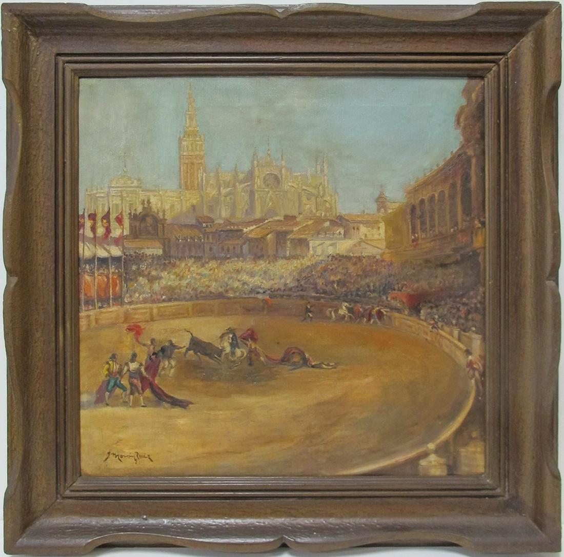 Antique Spanish oil on canvas, signed: Antique Spanish oil on canvas, signed. 27 5/8 H x 27 5/8 W including frame. 20 7/8 H x 20 7/8 W without frame. ANY INVOICE OVER $ 2,000.00 WE WILL ACCEPT PAYMENTS ONLY THROUGH CHECK OR BANK WIRE TRANS