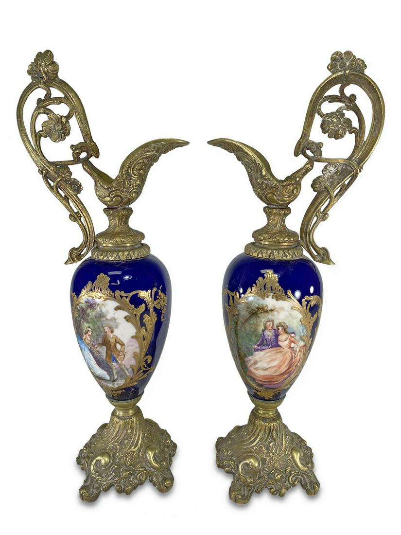 Antique French pair of porcelain & bronze pitchers (1 of 6)