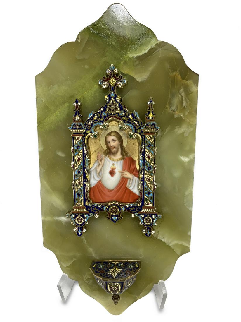 Antique bronze champleve & onyx Holly Water plaque (1 of 4)