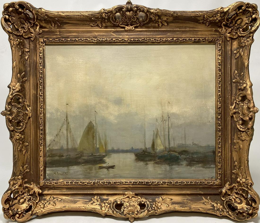 Signed H. SMITH antique oil on canvas ships painting (1 of 4)