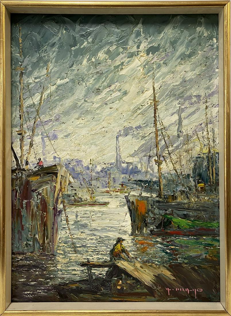 European oil on masonite ships painting, signed: European oil on masonite ships painting, signed. 28 H x 20 1/4 including frame. ANY INVOICE OVER $ 2,000.00 WE WILL ACCEPT PAYMENTS ONLY THROUGH CHECK OR BANK WIRE TRANSFER, SAME FOR INTERNATIONAL BUY