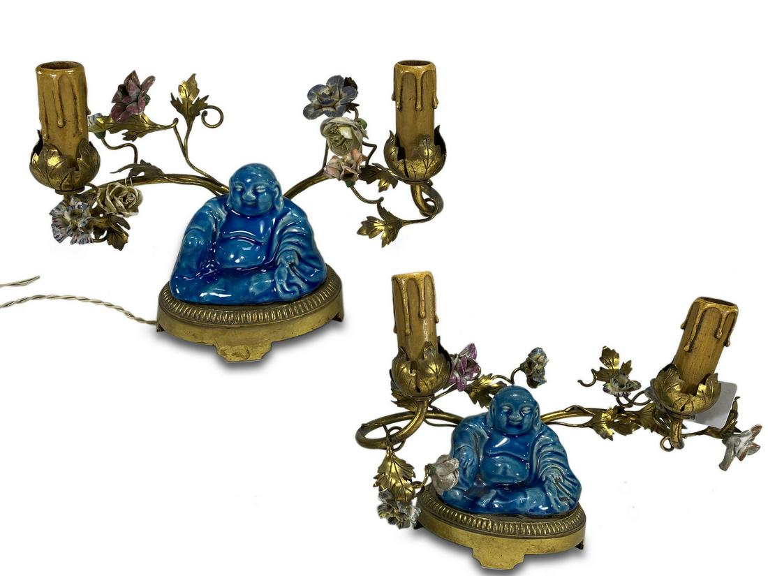 Antique Chinese pair of bronze & porcelain lamps: Antique Chinese pair of bronze & porcelain lamps. 7 3/8 H x 9 3/4 W x 4 3/8 D. ANY INVOICE OVER $ 2,000.00 WE WILL ACCEPT PAYMENTS ONLY THROUGH CHECK OR BANK WIRE TRANSFER, SAME FOR INTERNATIONAL BUYE