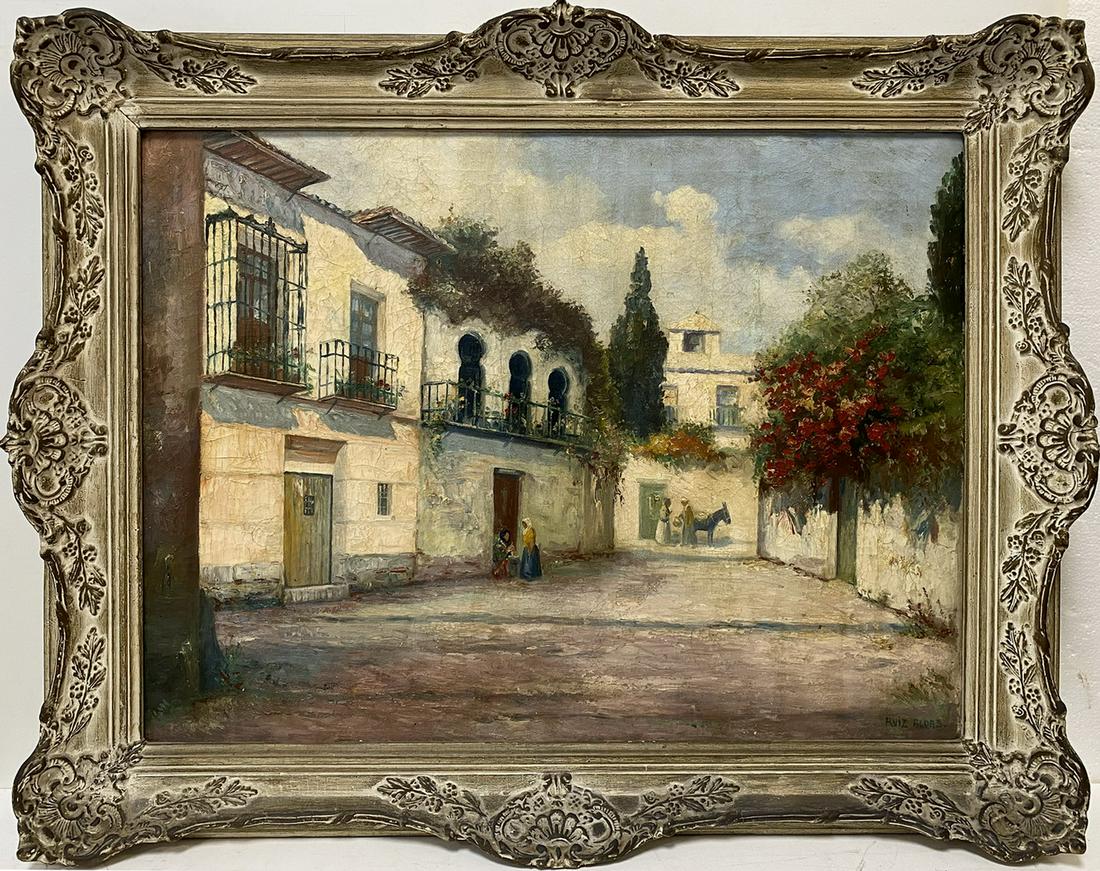 Signed RUIZ ALDAS antique oil on canvas painting: Signed RUIZ ALDAS antique oil on canvas painting, probably from Spain. 30 H x 37 3/4 W including frame. 24 H x 31 3/8 W without frame. ANY INVOICE OVER $ 2,000.00 WE WILL ACCEPT PAYMENTS ONLY THROUGH 