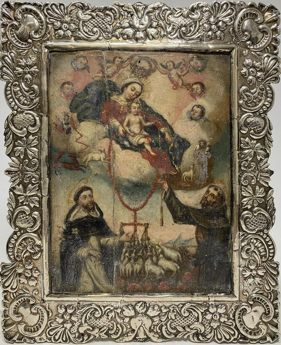 Antique Religious oil on wood & silver frame painting (1 of 7)