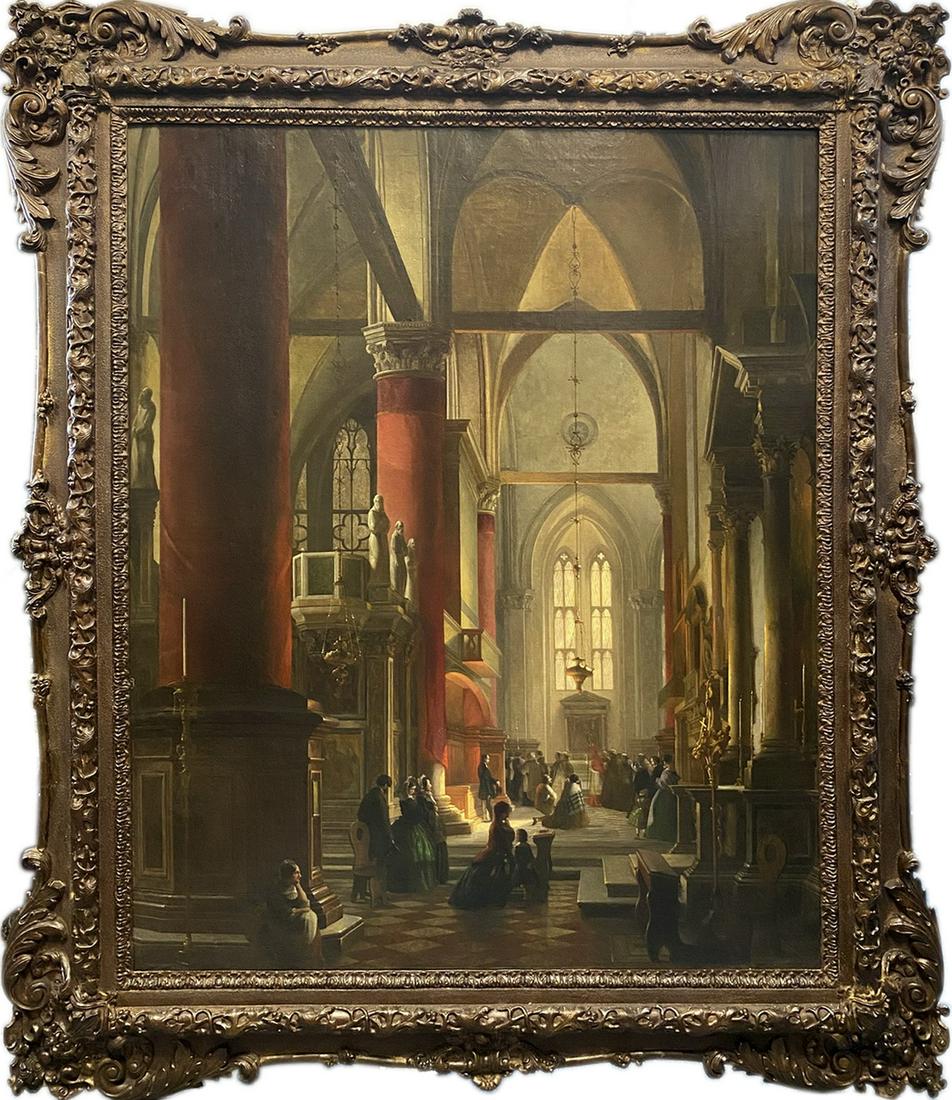 19th C Large European oil on canvas Gothic Cathedral painting (1 of 10)
