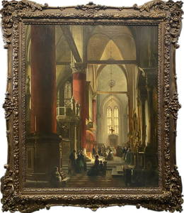 19th C Large European oil on canvas Gothic Cathedral painting