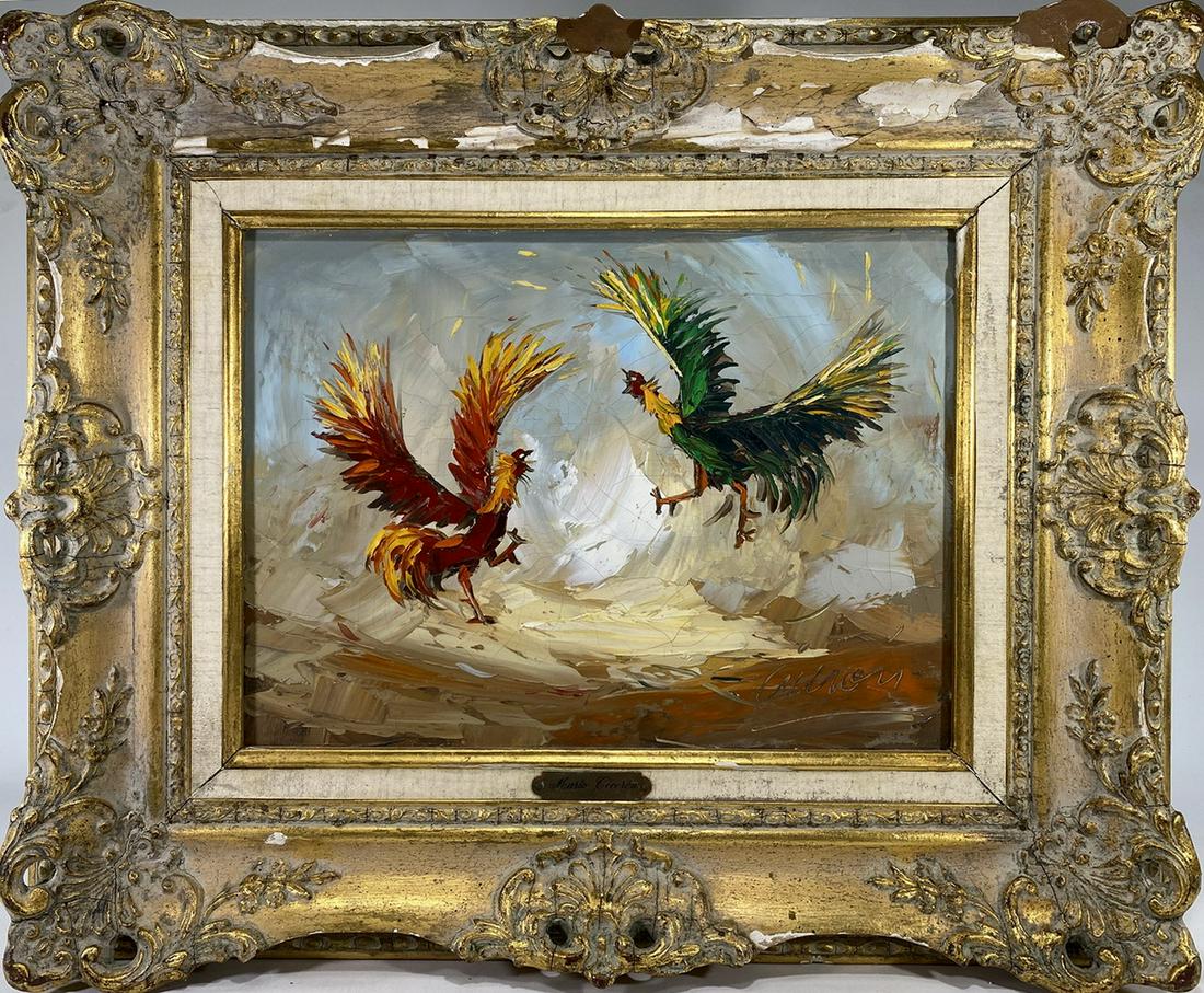 Mario CicerÃ³n, Venezuelan oil on canvas roosters fight, 1979: Mario CicerÃ³n, Venezuelan oil on canvas roosters fight, 1979. 20 1/4 H x 24 W including frame. 11 3/4 H x 15 5/8 W without frame. ANY INVOICE OVER $ 2,000.00 WE WILL ACCEPT PAYMENTS ONLY THROUGH CH