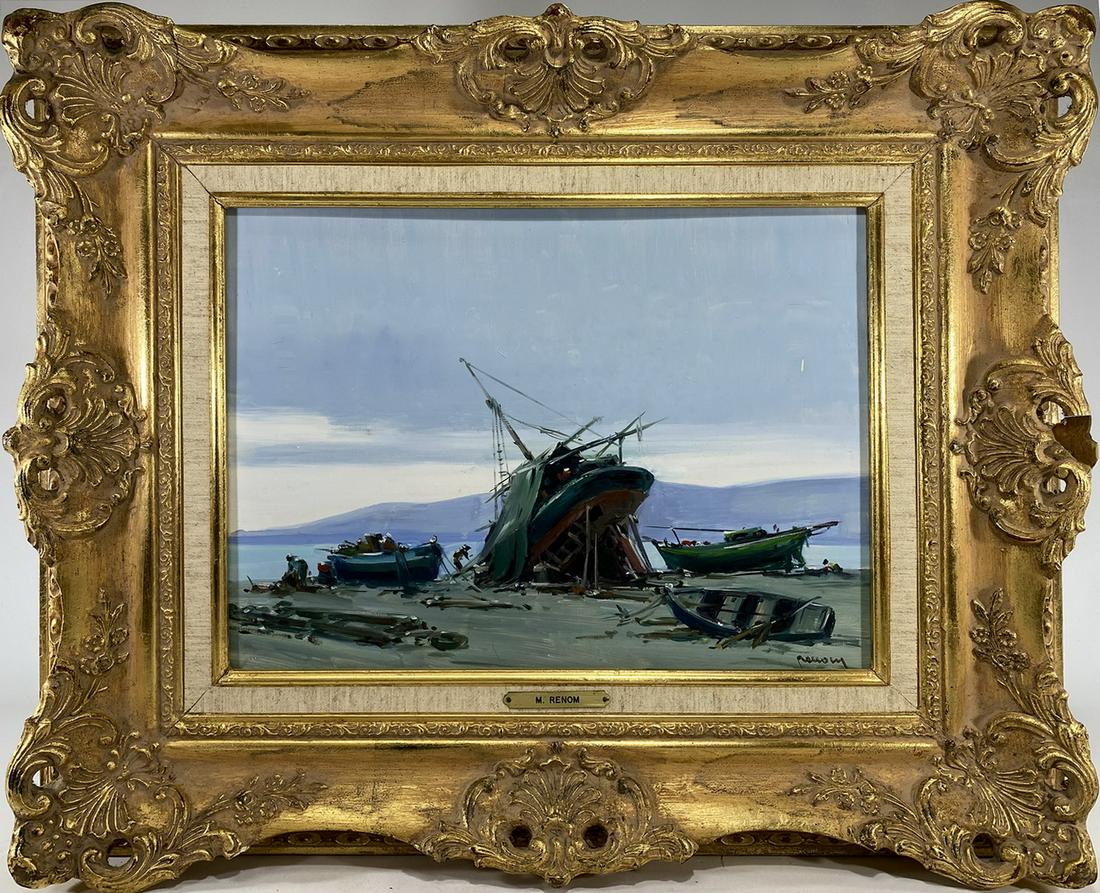 Signed M. RENOM oil on masonite boat painting (1 of 5)