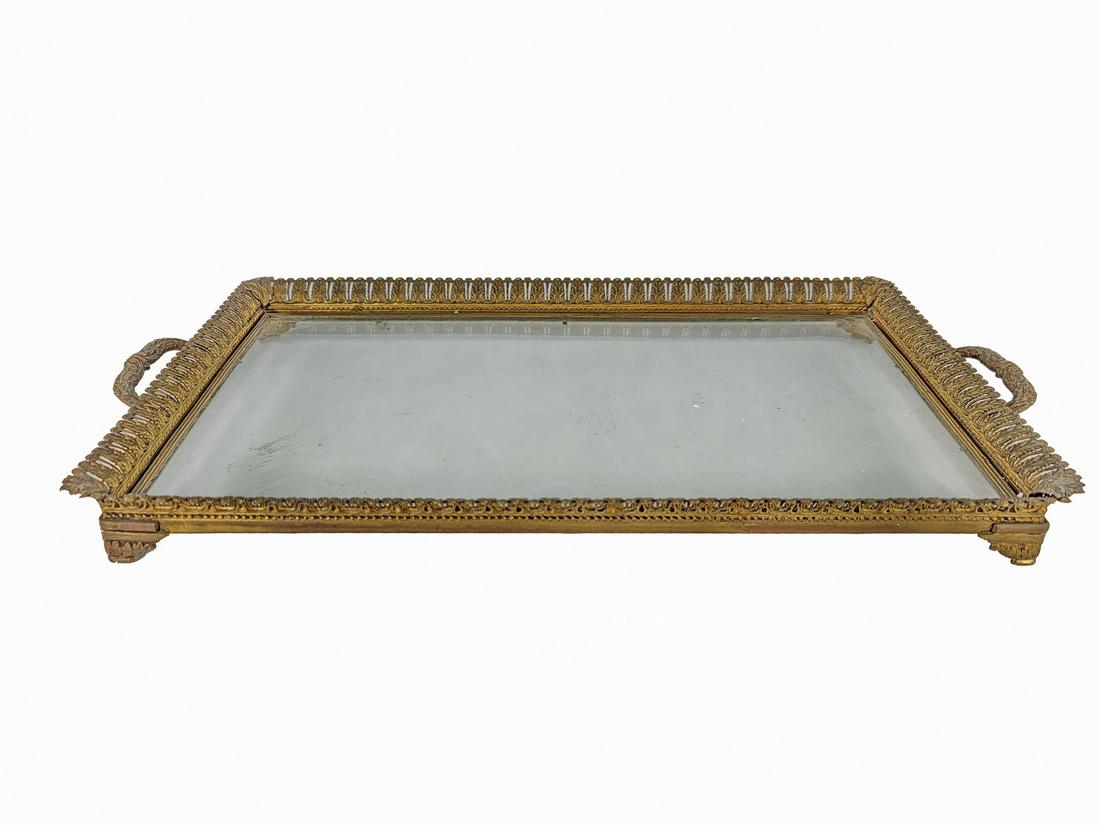 Antique French bronze & glass tray: Antique French bronze & glass tray. 1 5/8 H x 18 1/2 W x 9 3/4 D. TO SHIP THIS ITEM IN USA OR INTERNATIONAL, PLEASE CONTACT THE SHIPPERS : 1) UPS store1937- David Reiser -754-263-0780, auctions1937@gm