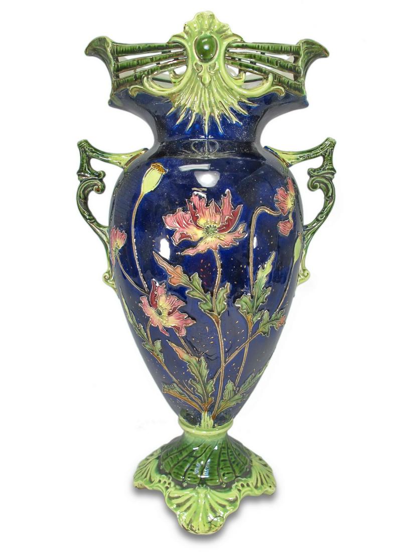 Antique French Luneville majolica vase, marked JS (1 of 8)