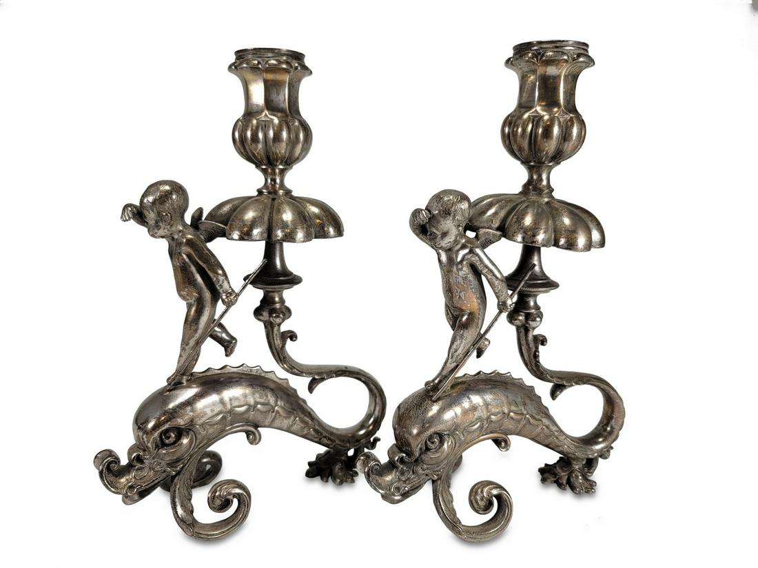 Meriden quadruple plate cupid & dolphin pair of candlesticks (1 of 7)