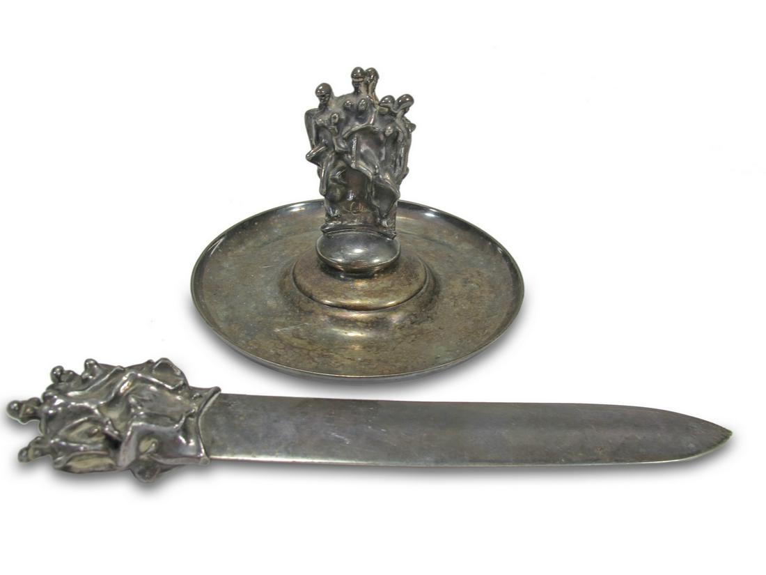 Jean Filhos (1921-2002) for Christofle Erotic tray & letter opener: Jean Filhos (1921-2002) for Christofle Erotic tray & letter opener. Tray: 3 3/8 H x 4 3/4 W. Opemer: 7 7/8 long x 1 3/8 W. TO SHIP THIS ITEM IN USA OR INTERNATIONAL, PLEASE CONTACT THE SHIPPERS : 1) U