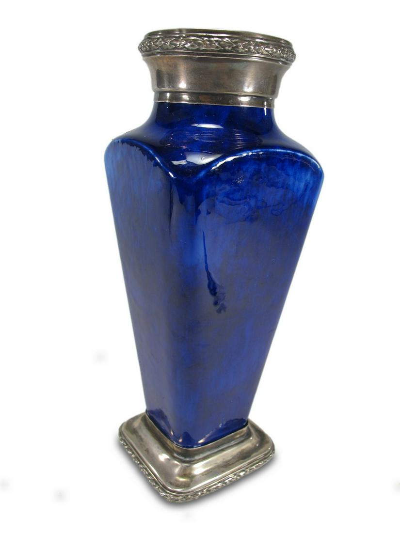 French Sevres porcelain & silver vase, 1890: French Sevres porcelain & silver vase, 1890. 8 1/4 H x 2 7/8 W x 2 7/8 D. TO SHIP THIS ITEM IN USA OR INTERNATIONAL, PLEASE CONTACT THE SHIPPERS : 1) UPS store1937- David Reiser -754-263-0780, auction