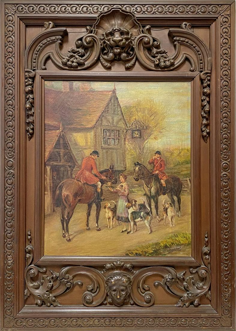 Antique European painting & carved wood frame, signed (1 of 7)
