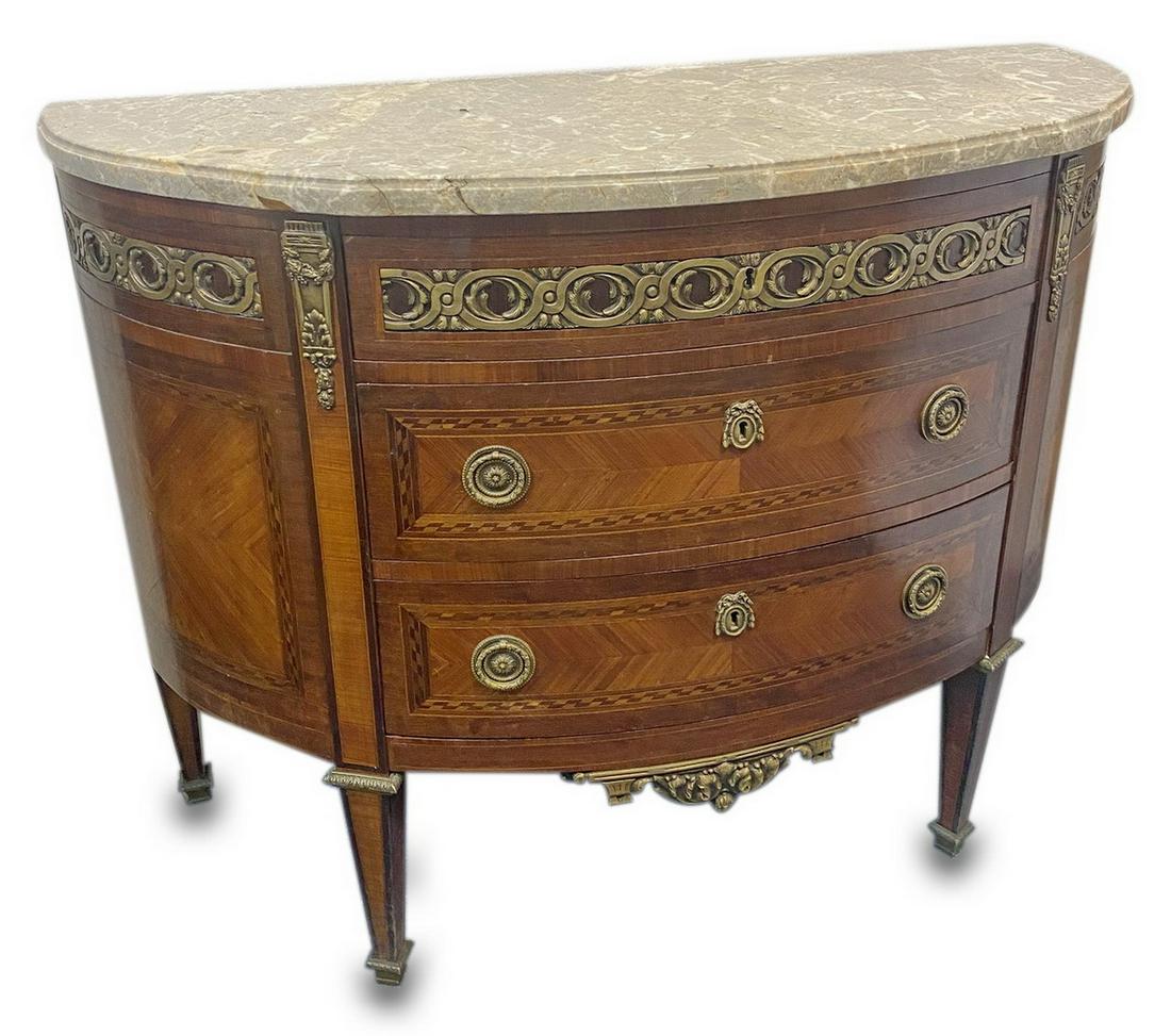 Antique French Demi Lune mahogany, bronze & marble chest: Antique French Demi Lune mahogany, bronze & marble chest. 32 3/8 H x 42 3/4 W x 17 1/2 D. TO SHIP THIS ITEM IN USA OR INTERNATIONAL, PLEASE CONTACT THE SHIPPERS : 1) UPS store1937- David Reiser -754-2