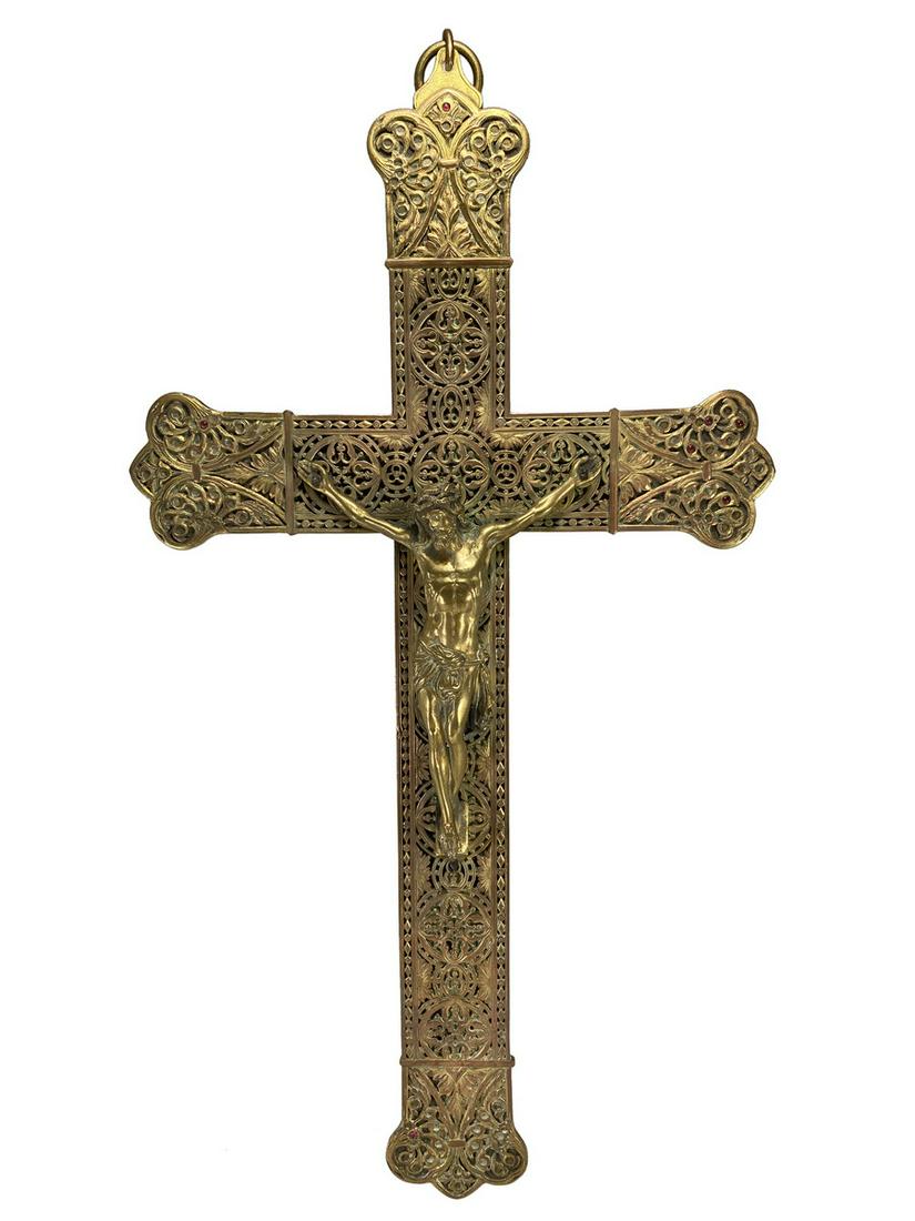 Antique French bronze & stones cross: Antique French bronze & stones cross ( probably rubies ). 17 1/8 H x 9 W x 1 D. TO SHIP THIS ITEM IN USA OR INTERNATIONAL, PLEASE CONTACT THE SHIPPERS : 1) UPS store1937- David Reiser -754-263-0780, a