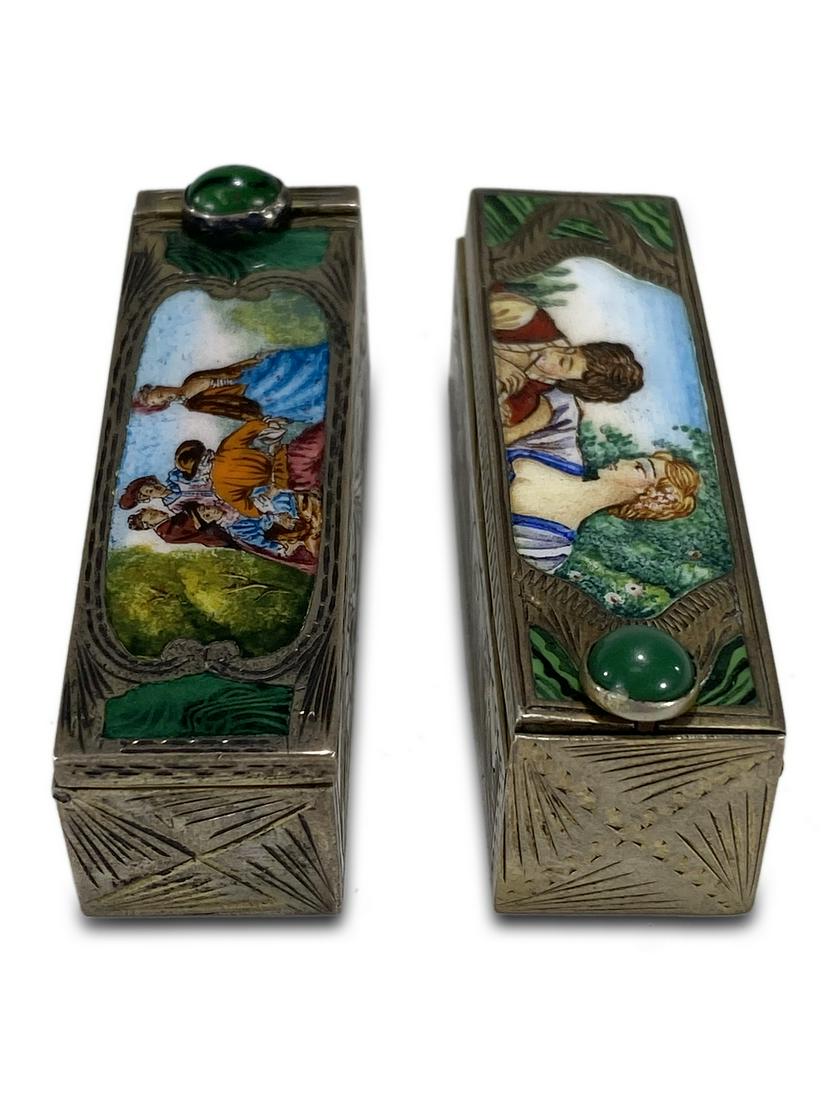 2 Antique Italian 800 silver & enamel lipstick cases: 2 Antique Italian 800 silver & enamel lipstick cases. 7/8 H x 2 1/4 W x 3/8 D. TO SHIP THIS ITEM IN USA OR INTERNATIONAL, PLEASE CONTACT THE SHIPPERS : 1) UPS store1937- David Reiser -754-263-0780, au