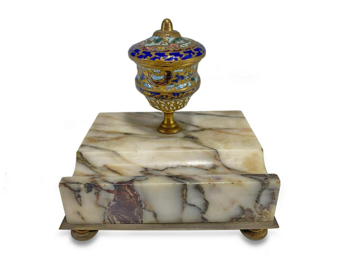 Antique French bronze champleve & marble inkwell (1 of 5)