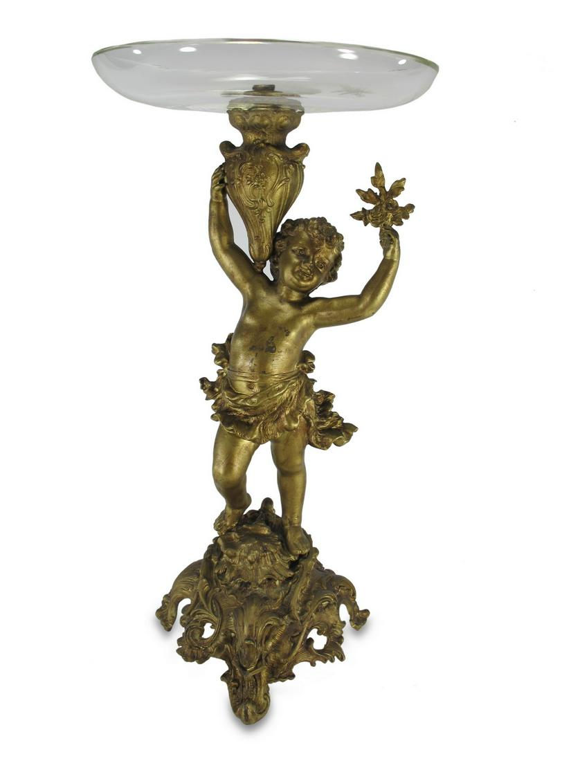 Antique gilt spelter & glass centerpiece: Antique gilt spelter & glass centerpiece. Base: 17 H x 6 7/8 W. Glass: 1 H x 9 1/4 W. TO SHIP THIS ITEM IN USA OR INTERNATIONAL, PLEASE CONTACT THE SHIPPERS : 1) UPS store1937- David Reiser -754-263-0